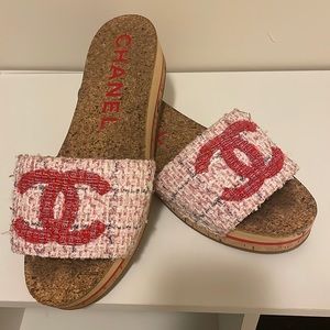 Chanel Tweed Lambskin Logo Mules